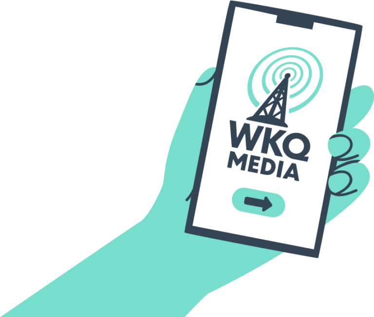 Hand holding phone displaying WKQ Media logo