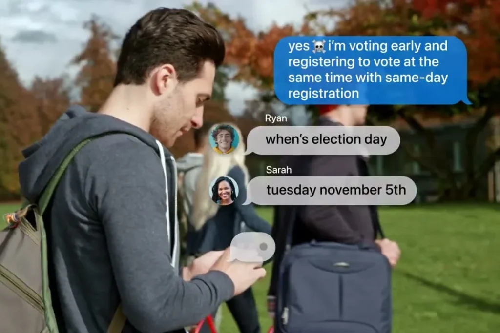 A college student on campus checks his phone, with text messages reading "when's election day" and "tuesday november 5th."