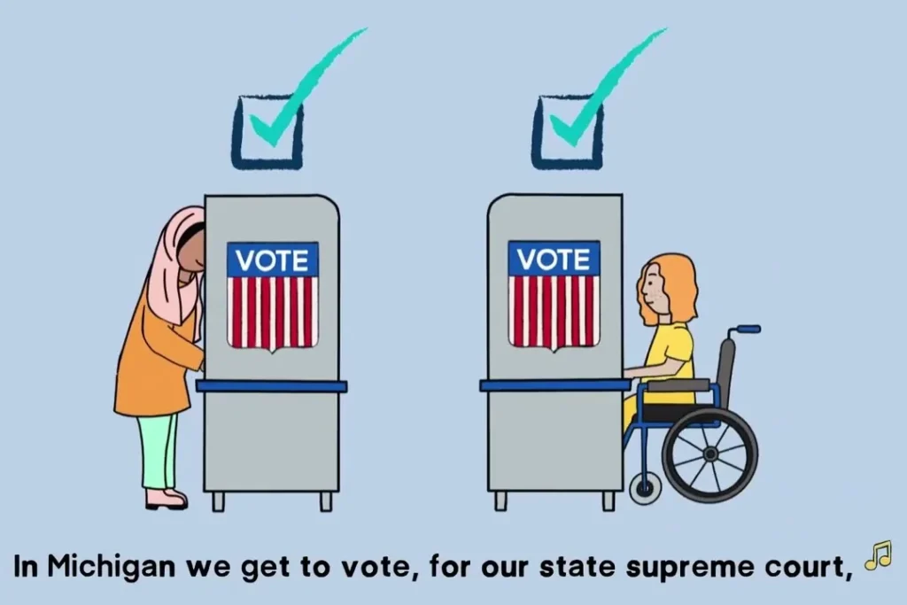 Illustration of two voters at voting machines, one using a wheelchair, with the caption: In Michigan we get to vote, for our state supreme court.
