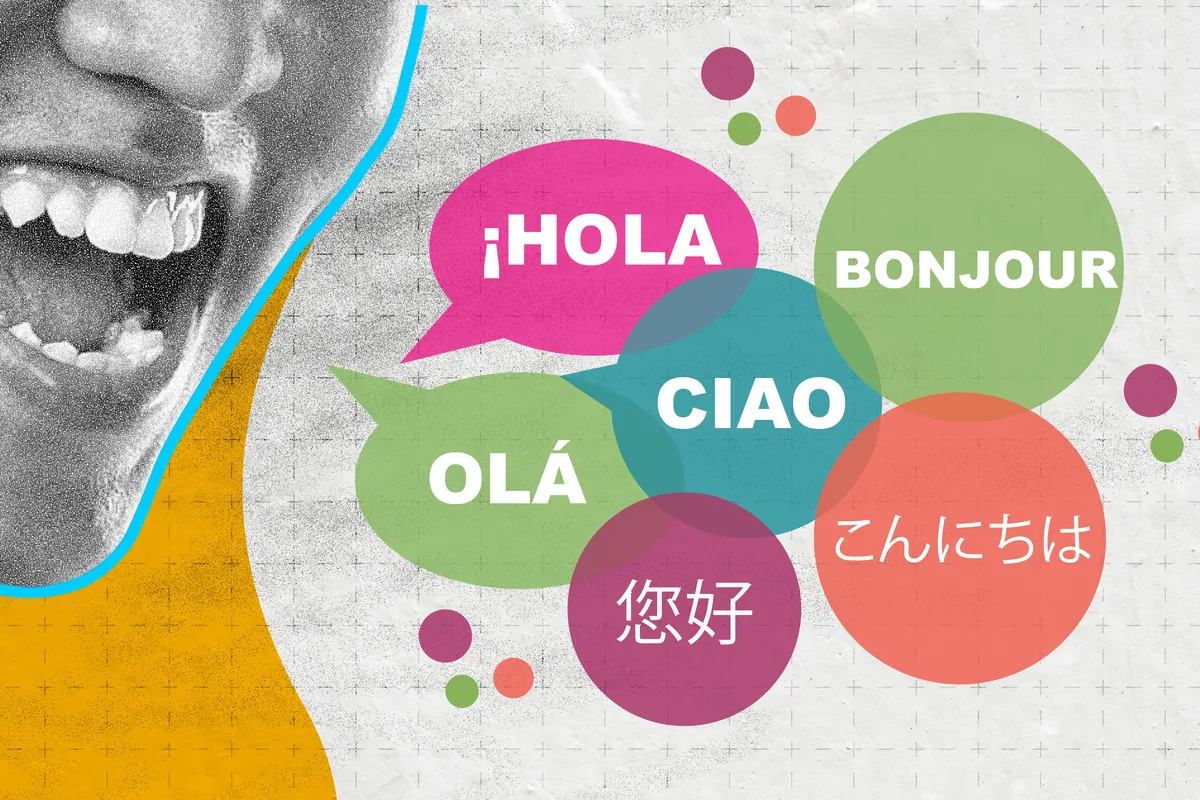 Colorful speech bubbles showing "hello" in multiple languages — Hola, Bonjour, Ciao, Olá, and greetings in Japanese and Chinese